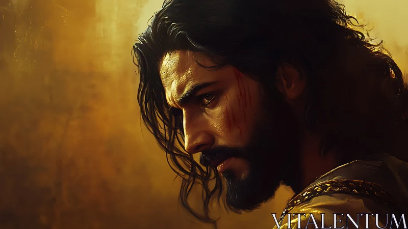 Side-lit warrior portrait emphasizes textured skin and wounded gaze