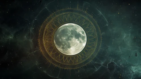 Clockwork moon drifts within a glowing celestial mandala gate