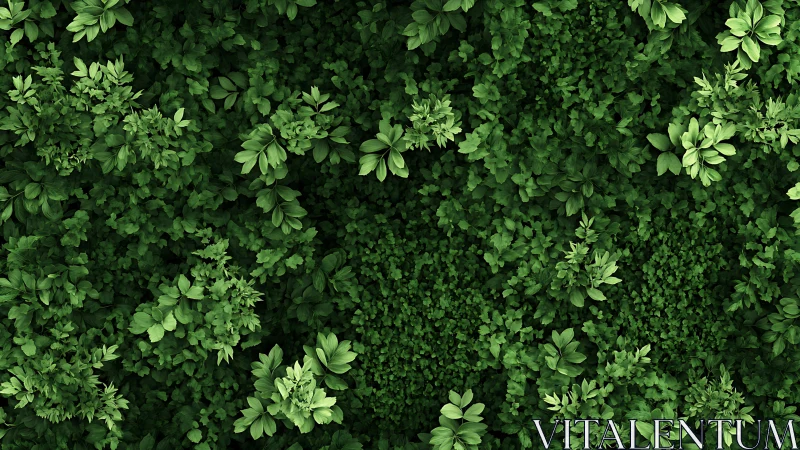 Dense overhead foliage texture with layered green leaves.