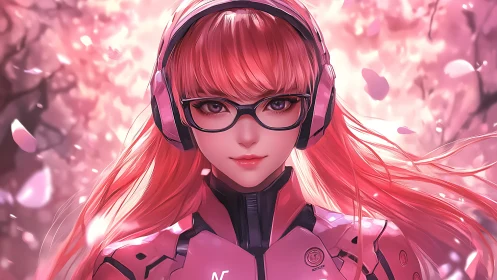 Cyber warrior girl stands poised amid drifting cherry petals