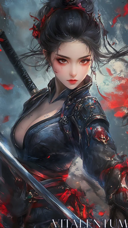 Scarred sword maiden confronts storm in crimson-slashed armor