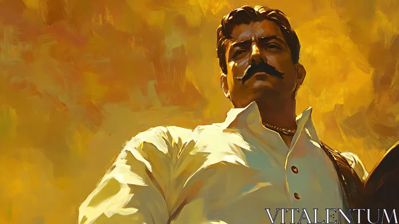 Proud mustached man stands against glowing golden sky