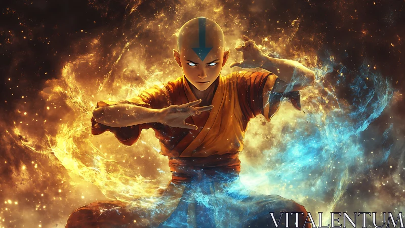 Bald monk figure controlling opposing elemental energy fields.