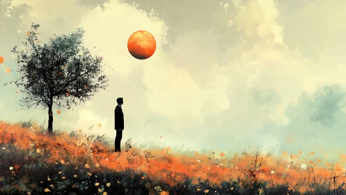 Solitary observer beneath an anomalous orange celestial body.