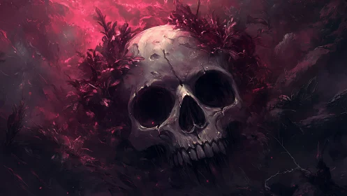 Skull crowned by crimson foliage glows in ethereal gloom.