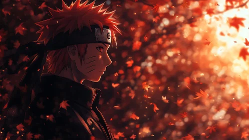 Side profile of anime ninja amid red autumn foliage.