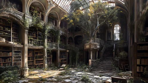 Overgrown library hall with central tree and broken roof.