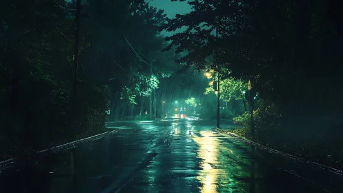 Rain-soaked forest road under sodium vapor street lighting