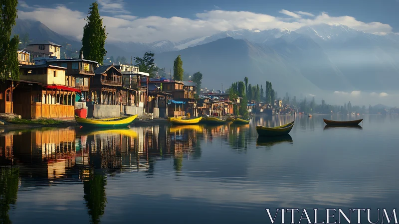 Lakeside wooden houses and bright boats under misty mountains.