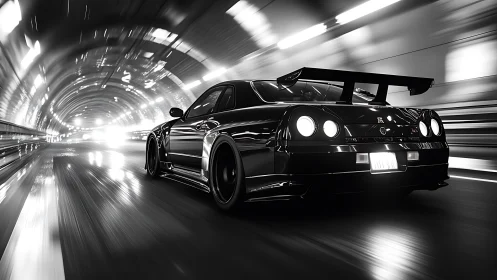 Midnight tuner car racing through luminous city tunnel.