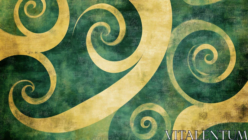 Golden swirling spirals overlay distressed green background