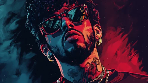 Neon-lit urban icon swaggering through cosmic smoke.