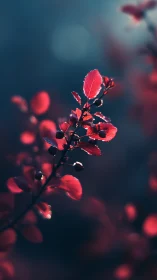 Red leaves and berries branch isolated against dark bokeh background