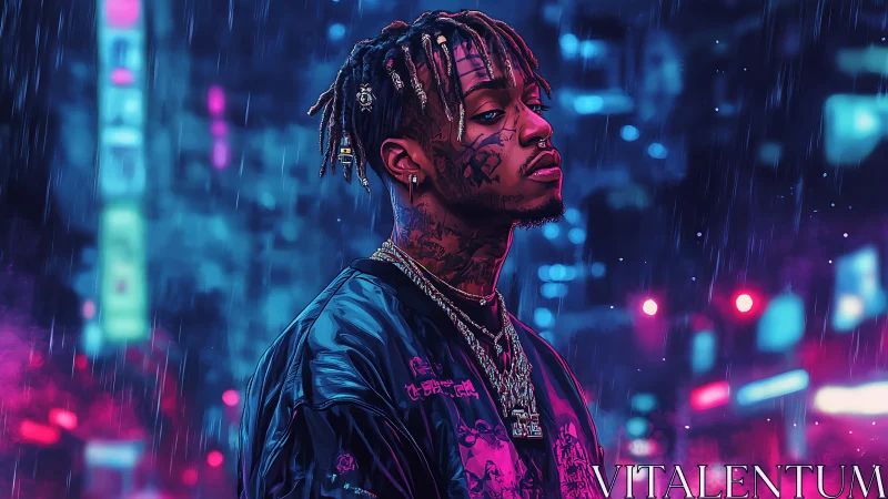 Neon-soaked city portrait of tattooed man in the rain.