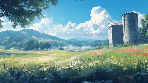 Rural grain silos within atmospheric summer valley landscape.