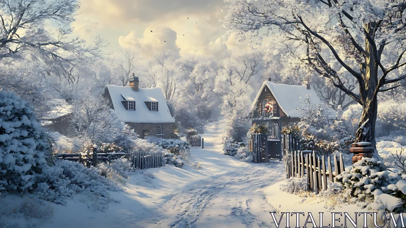 Snow-covered country lane with cozy winter cottages.