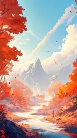 Autumn valley landscape with distant mountain peak and river.