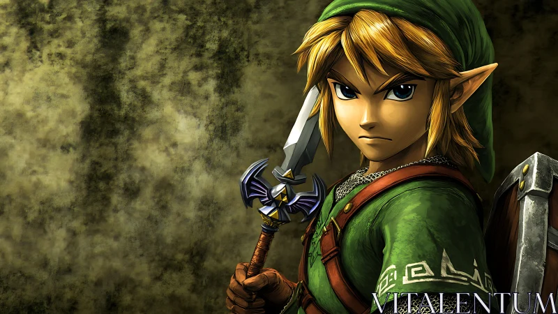 Elf warrior portrait with ornate sword on textured backdrop.