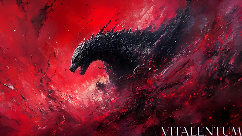 Monstrous black creature emerging in swirling red storm.