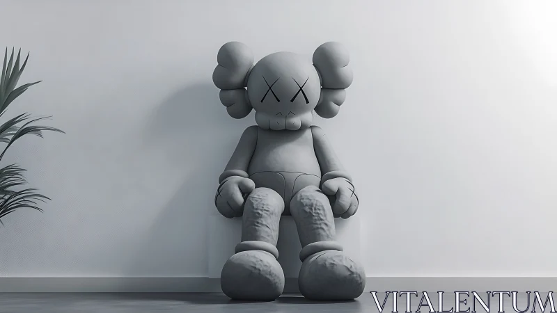 Oversized gray cartoon sculpture leans against minimalist wall
