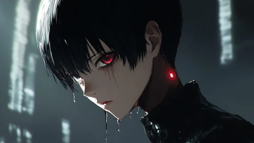 Cybernetic youth with glowing neck port and bleeding eyes.