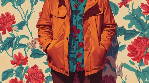 Person in orange coat before floral patterned backdrop.