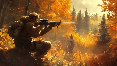 Autumn marksman pausing in a golden forest of quiet focus.