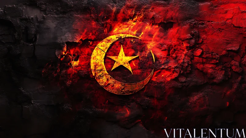 Burning crescent and star emblem on cracked dark stone wall