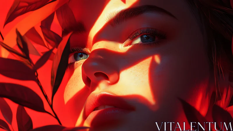 Hyperreal portrait under fiery foliage shadows in profile.