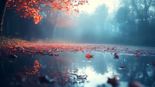 Low-angle autumn roadway reflection in fog-diffused forest light.