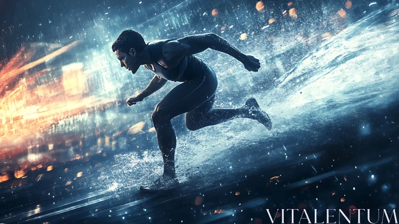 Silhouetted Runner in Motion Across Glowing Digital Landscape