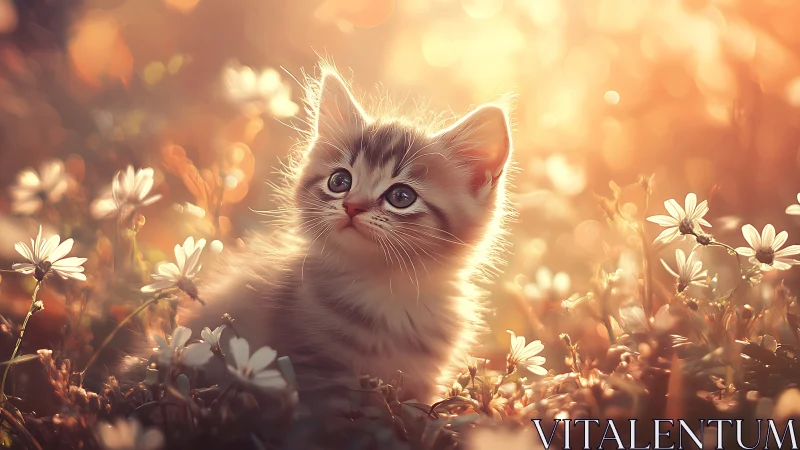 Feline specimen in flowering meadow environment.