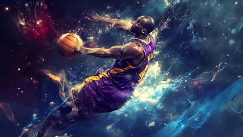 Soaring basketball star glides through glowing cosmic energy.