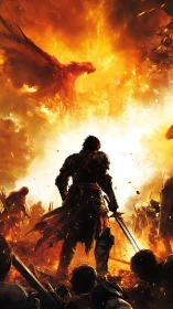 Armored swordsman confronting fireborn phoenix above battlefield