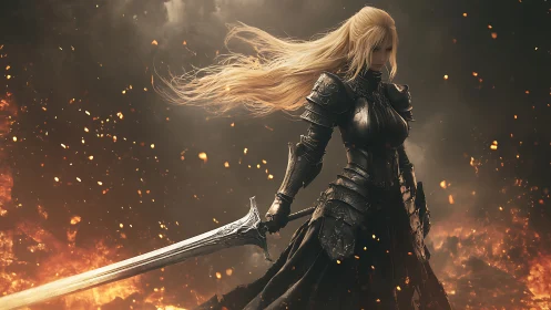 Armored warrior heroine in molten battlefield digital painting.