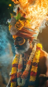 Fiery garlanded devotee stands in serene, glowing meditation