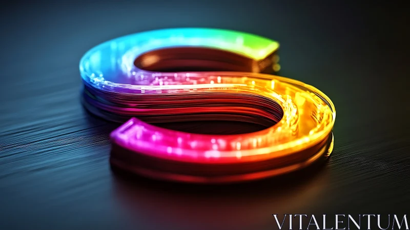Glowing multicolor S shaped object on dark surface.