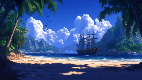 Sailship Anchored in Tropical Paradise Bay.