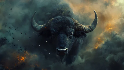 Charging buffalo emerges through volumetric smoky explosion
