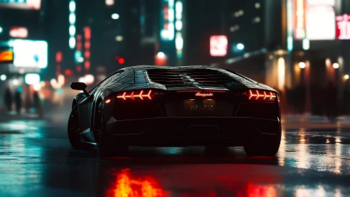 Black sports car on wet city street at night with neon lights.