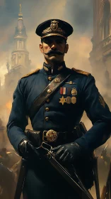 Gallant officer stands tall amid smoke and golden light.