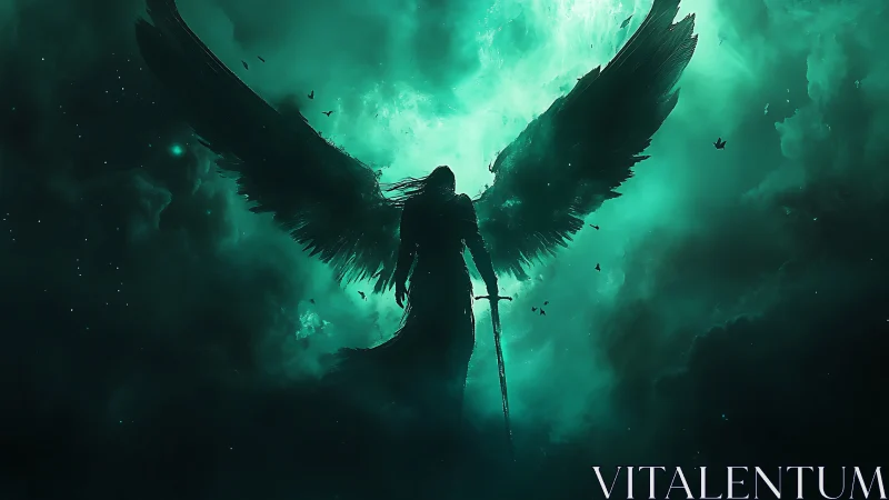 Midnight seraph stands guard in a storm of emerald light.