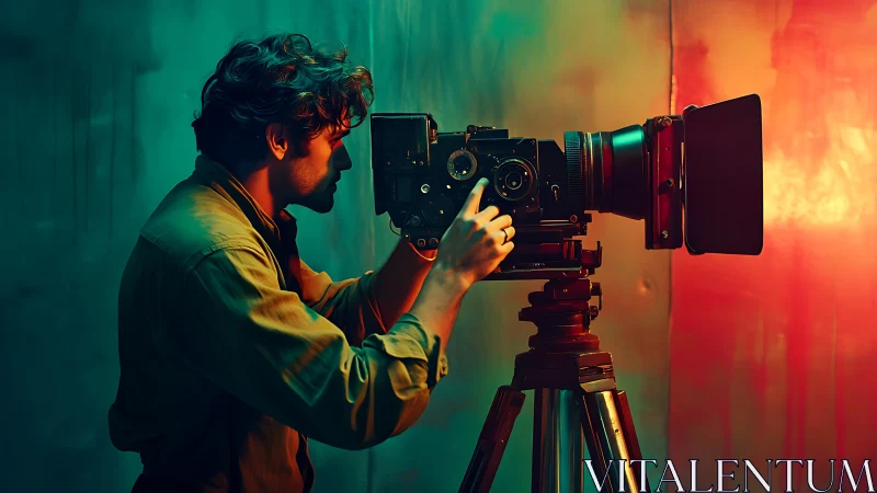 Cinematographer adjusting large vintage film camera on tripod.