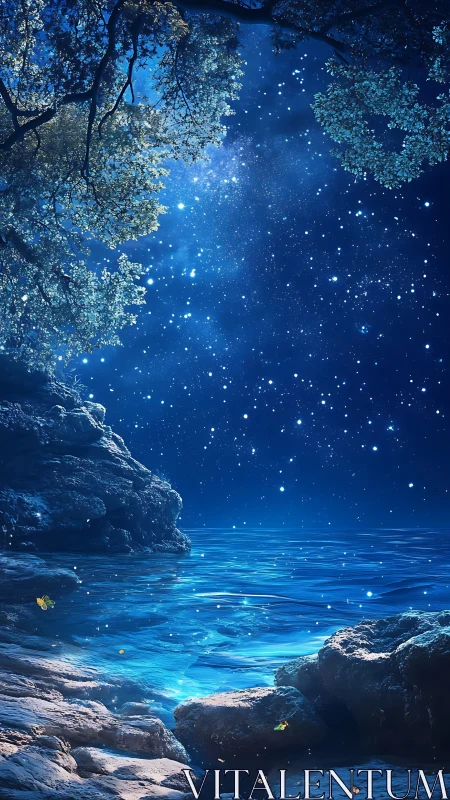 Starlit blue shoreline under luminous night sky panorama.