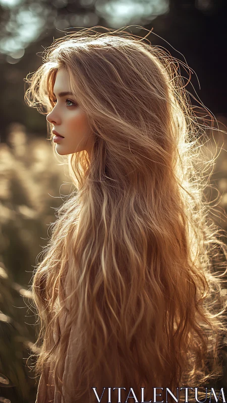 Profile view shows long wavy hair in warm backlight