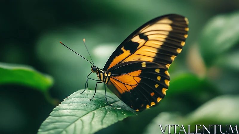 Macro study of orange-black butterfly wings on green leaf