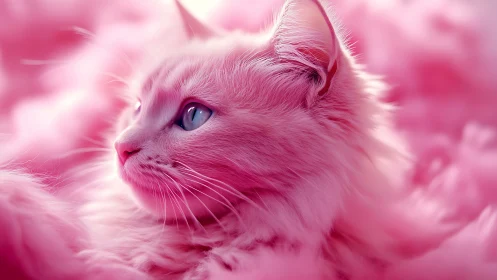 Pink Feline with Luminous Blue Eyes in Ethereal Chromatic Field.