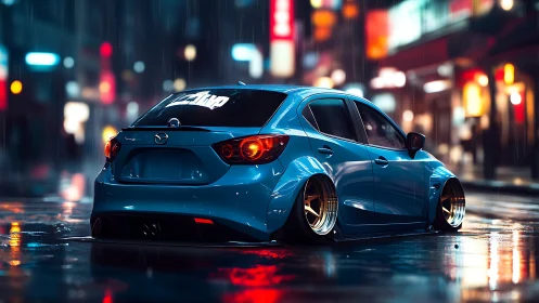 Lowered blue hatchback gleams on wet neon city street at night.