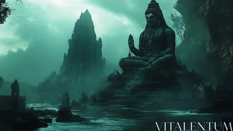 Mist-drenched river temple kneels before colossal serene deity