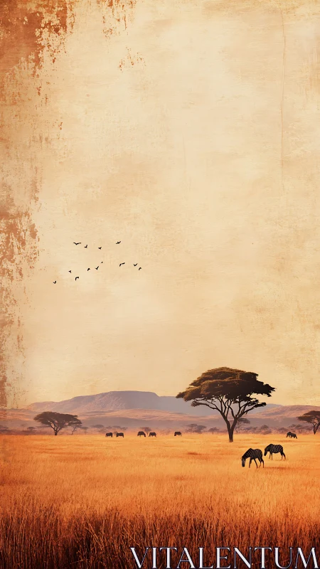 Golden savanna zebras graze under lone acacia at dusk.